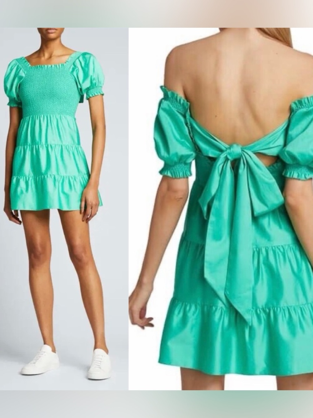 Alice + Olivia Elizabeth Off Shoulder Bow Back Mini Dress Jade Green Size 2